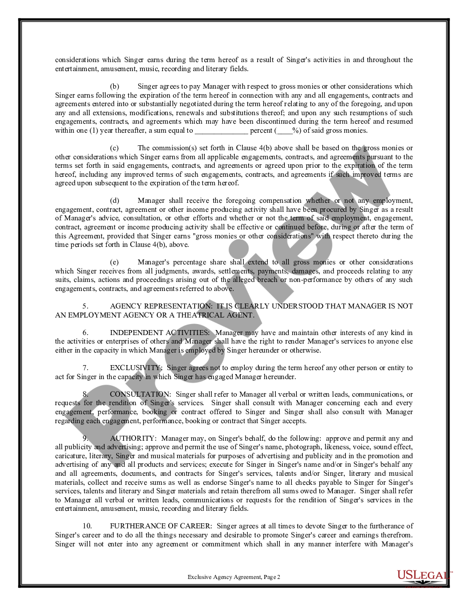 page 1 Exclusive Agency or Agent Agreement - Singer preview