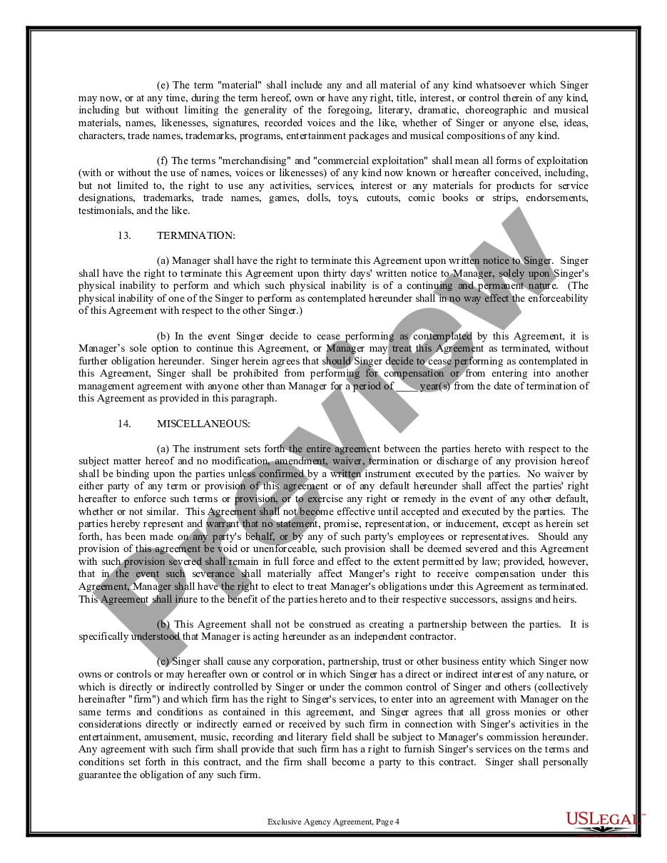 page 3 Exclusive Agency or Agent Agreement - Singer preview