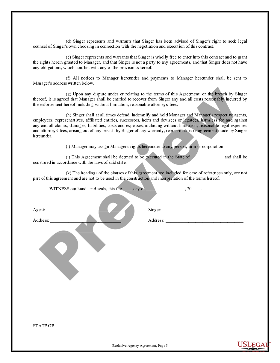 page 4 Exclusive Agency or Agent Agreement - Singer preview