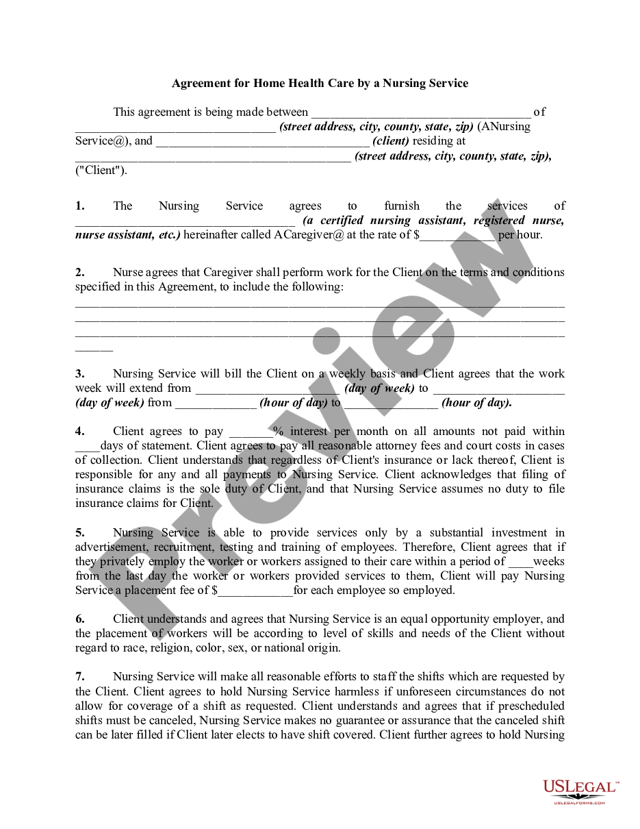 page 0 Personal Care Agreement for Home Healthcare by a Nursing Service preview