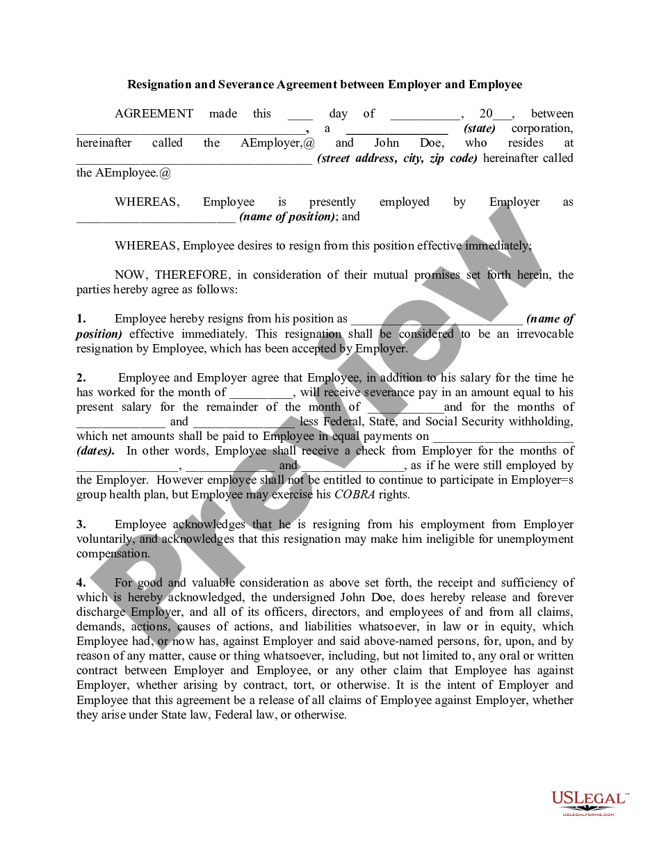 page 0 Resignation and Severance Agreement between Employer and Employee preview