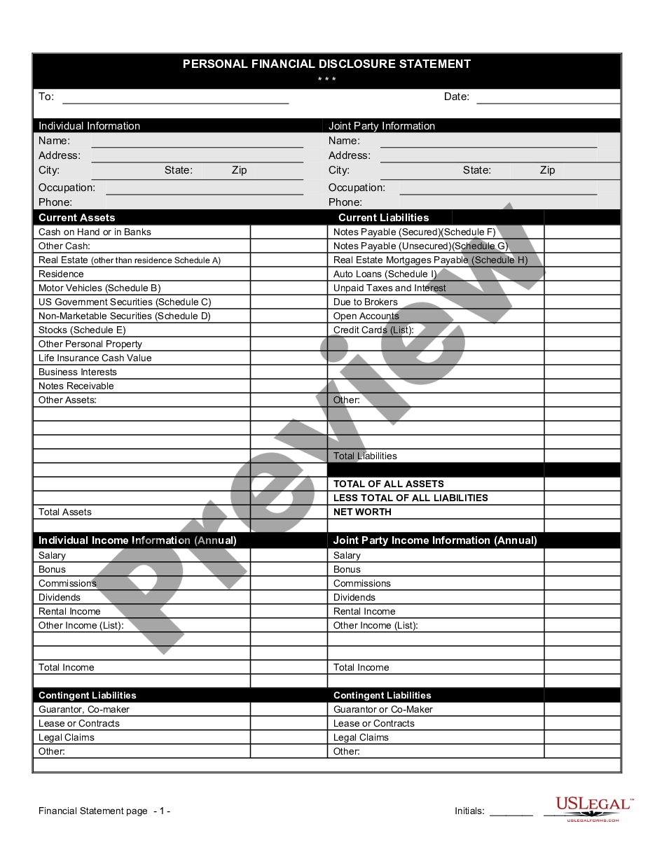 page 0 Financial Statement Form - Husband and Wife Joint preview