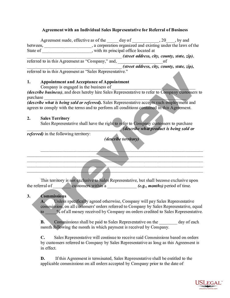 page 0 Agreement with an Individual Sales Representative for Referral of Business preview