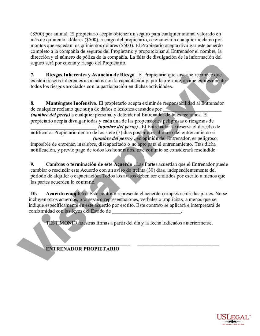Preview Contrato para entrenar perros en las instalaciones del propietario