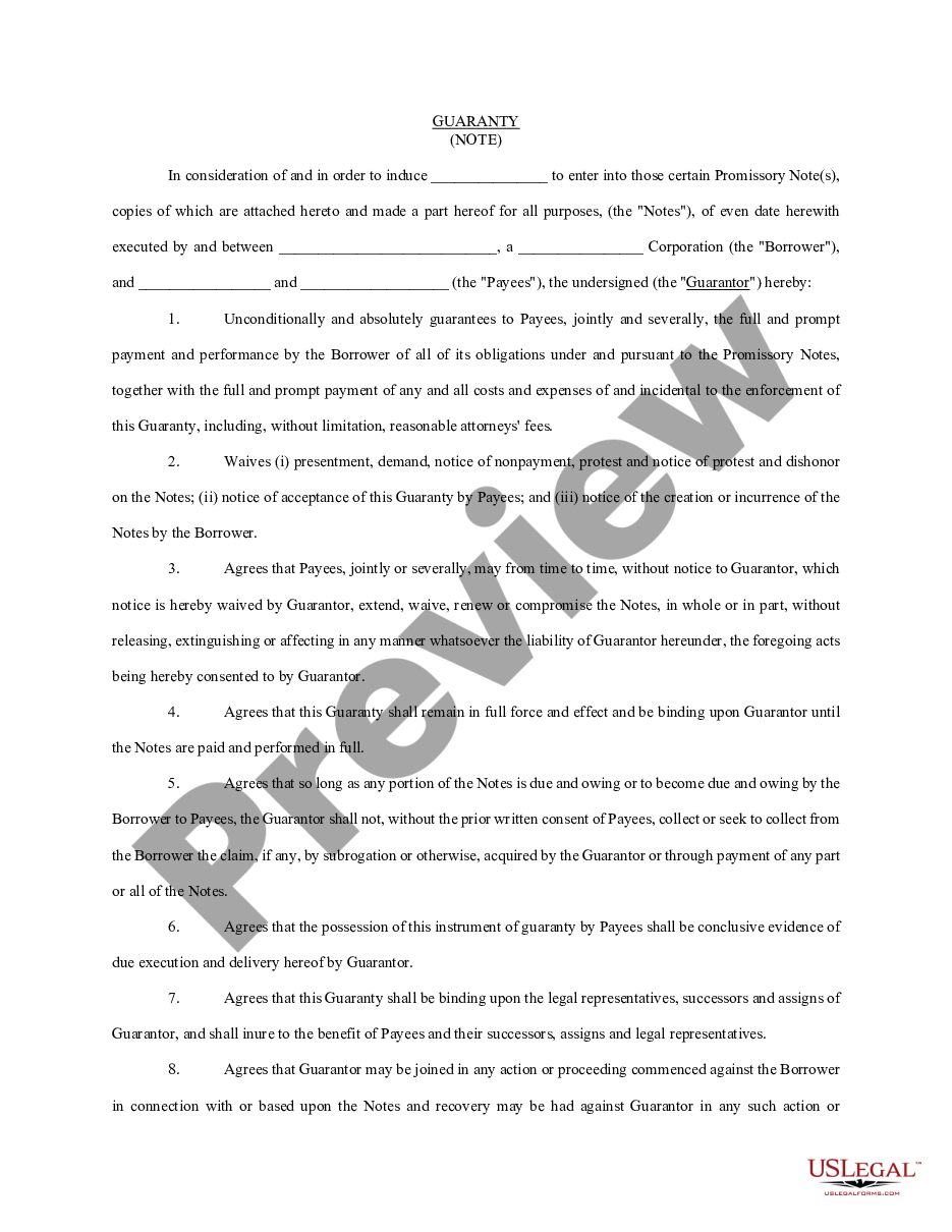 page 0 Guaranty of Promissory Note by Individual - Corporate Borrower preview