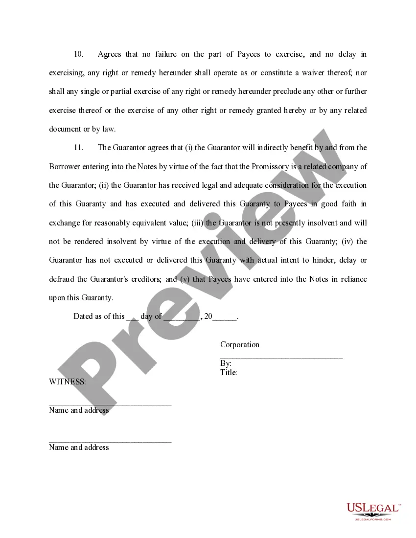 Preview Guaranty of Promissory Note by Corporation - Individual Borrower