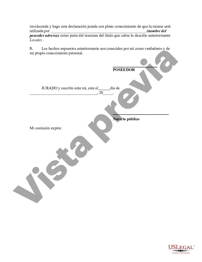 Preview Declaración Jurada en Respaldo del Poseedor Adverso por un Tercero que la Propiedad Poseía Adversamente a través de Poseedores Adversos Sucesivos - Derechos de los Okupas