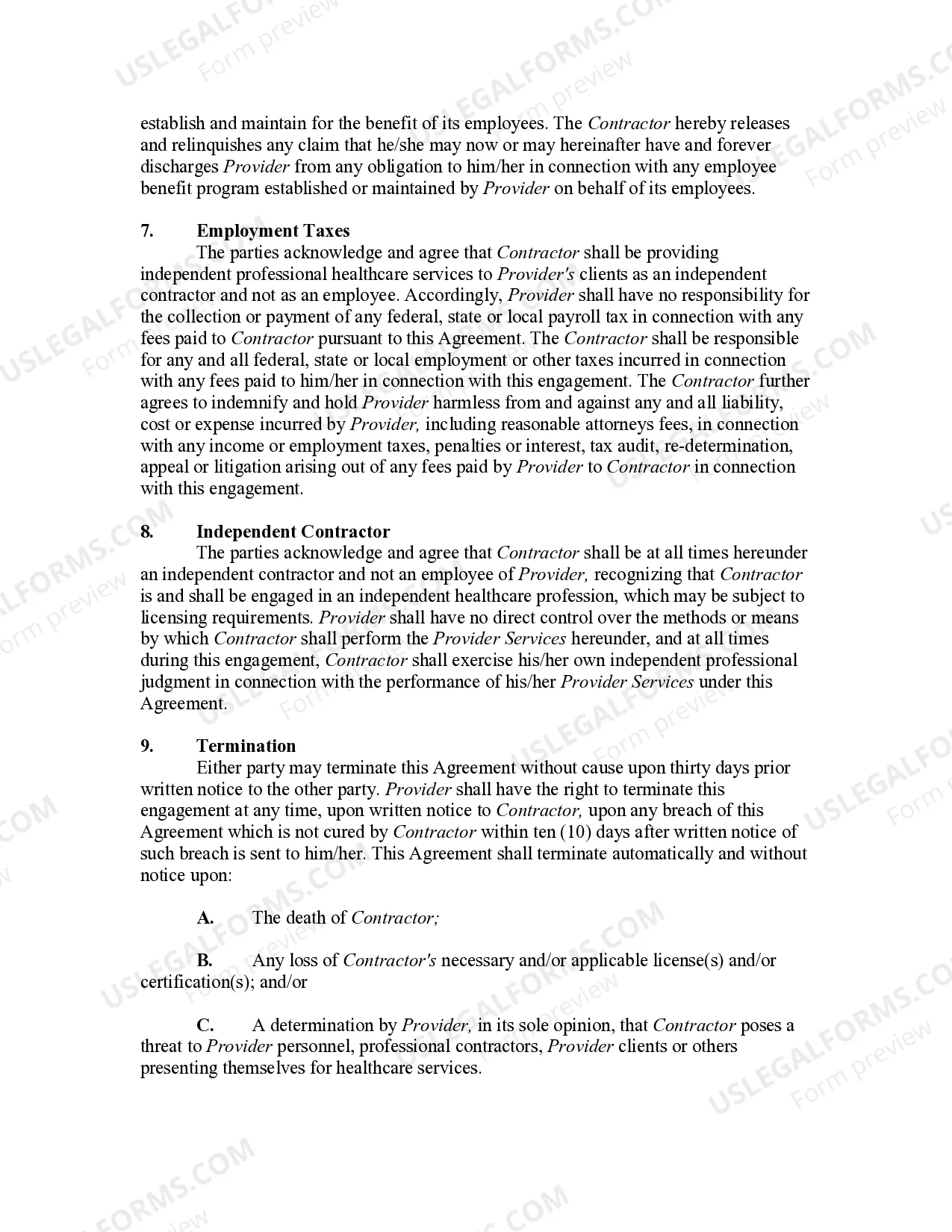 Preview Self-Employed Independent Contractor Agreement with Health Care Worker