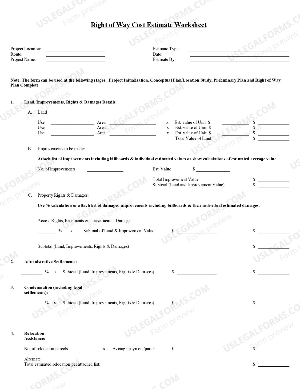 Right of Way Cost Estimate Sheet US Legal Forms