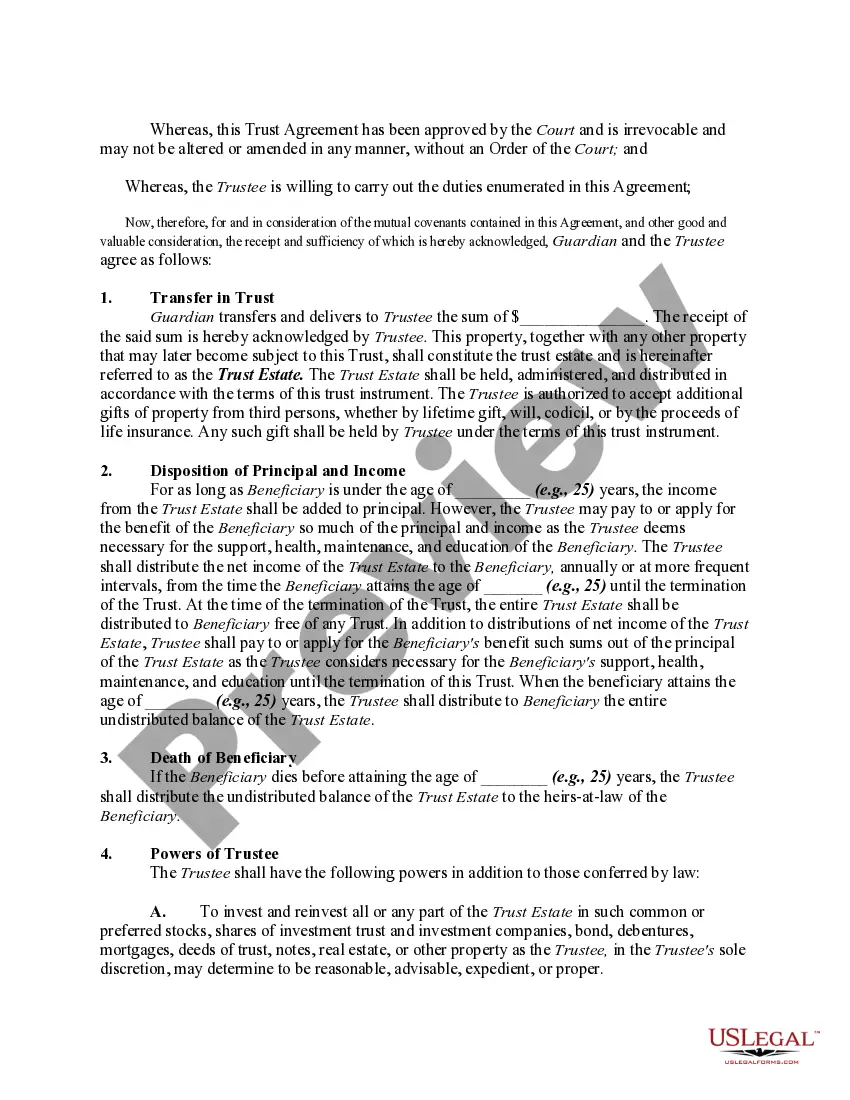 Get Trust Agreement to Hold Funds for Minor Resulting from Settlement of a Personal Injury Action Filed on Behalf of Minor Preview Trust Agreement to Hold Funds for Minor Resulting from Settlement of a Personal Injury Action Filed on Behalf of Minor