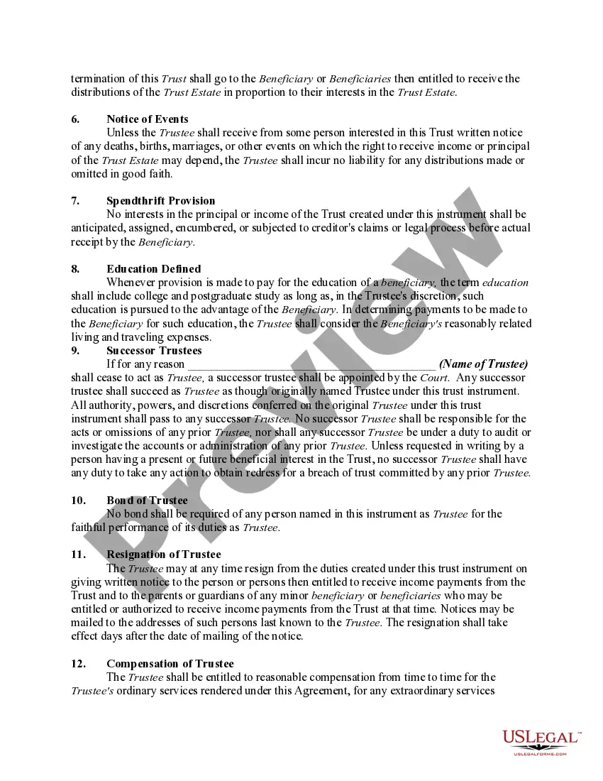 Get Trust Agreement to Hold Funds for Minor Resulting from Settlement of a Personal Injury Action Filed on Behalf of Minor Preview Trust Agreement to Hold Funds for Minor Resulting from Settlement of a Personal Injury Action Filed on Behalf of Minor