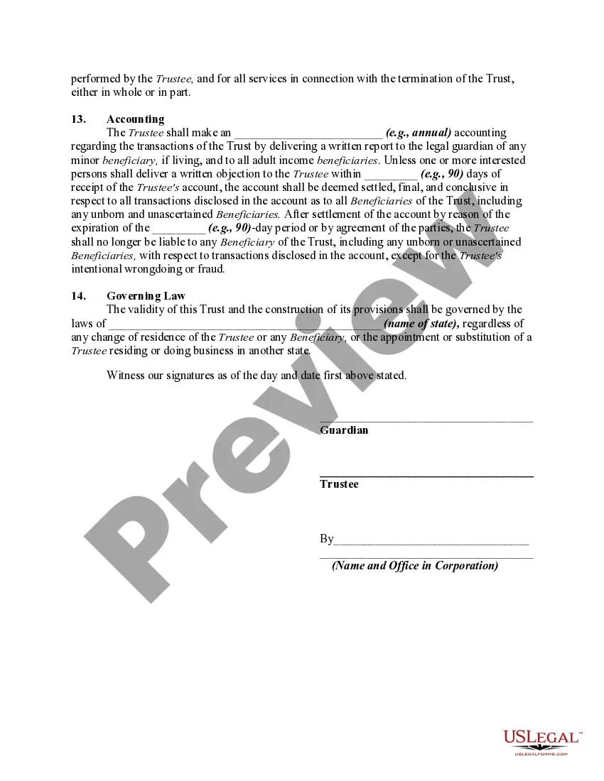 Get Trust Agreement to Hold Funds for Minor Resulting from Settlement of a Personal Injury Action Filed on Behalf of Minor Preview Trust Agreement to Hold Funds for Minor Resulting from Settlement of a Personal Injury Action Filed on Behalf of Minor