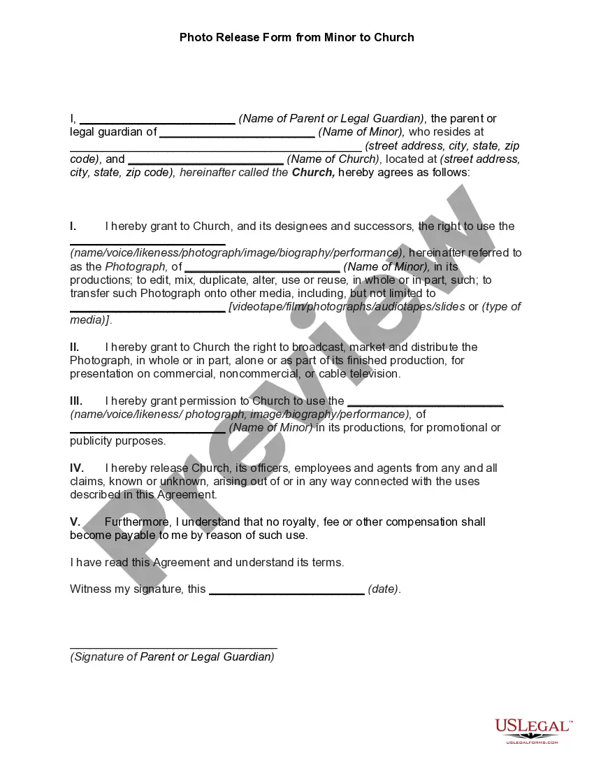 Preview Photo Release Form for Minors Church