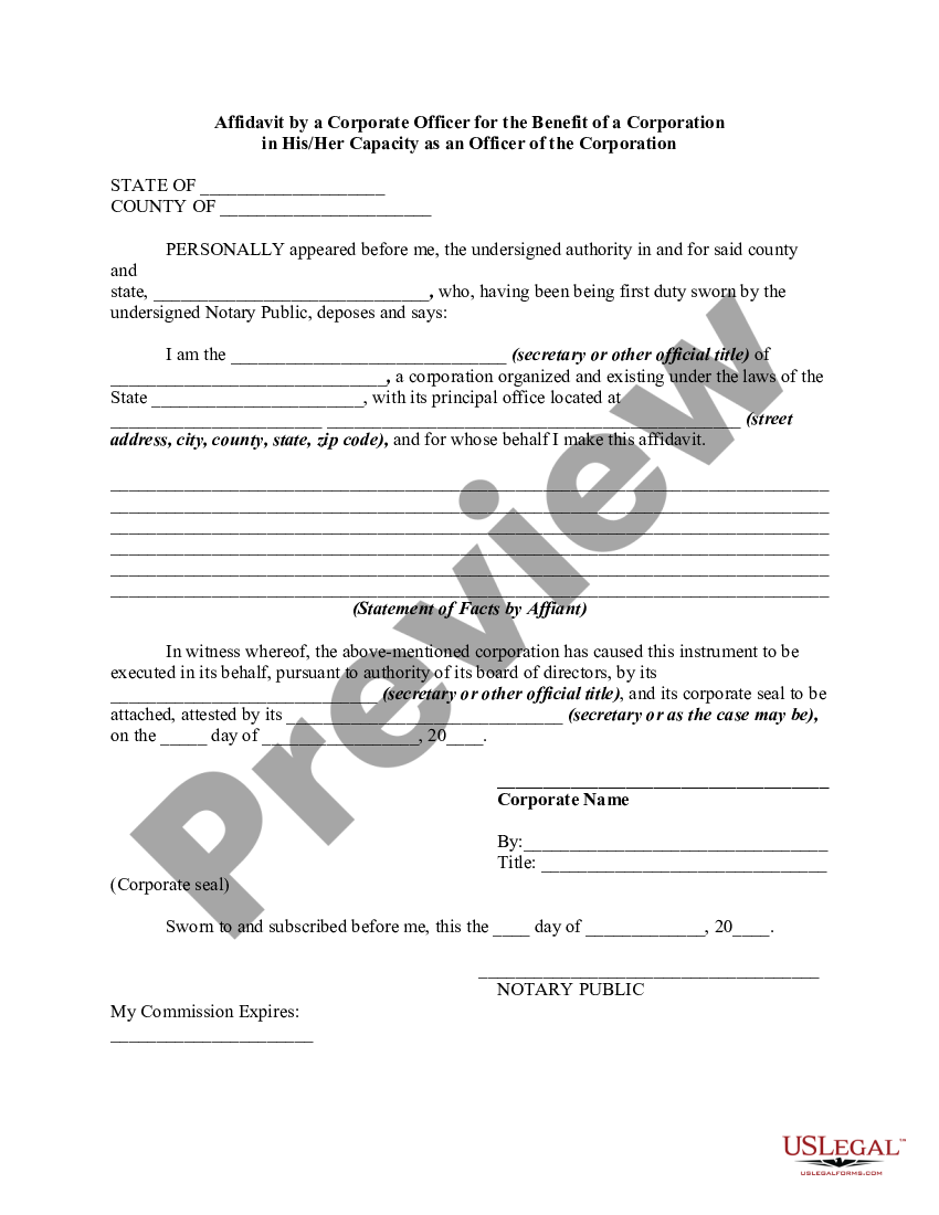 Hawaii Affidavit By A Corporate Officer For The Benefit Of A 