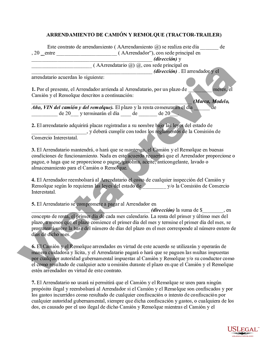 Arrendamiento o Alquiler de Camión y Remolque o Tractocamión - Contrato De  Renta De Remolque | US Legal Forms