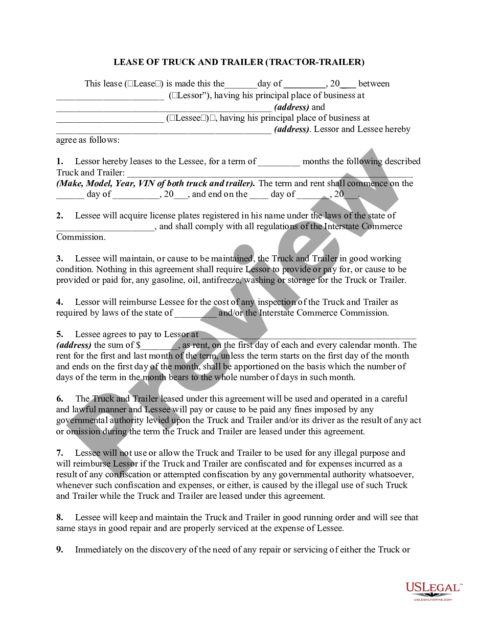 page 0 Lease or Rental of Truck and Trailer or Tractor-Trailer - Template preview