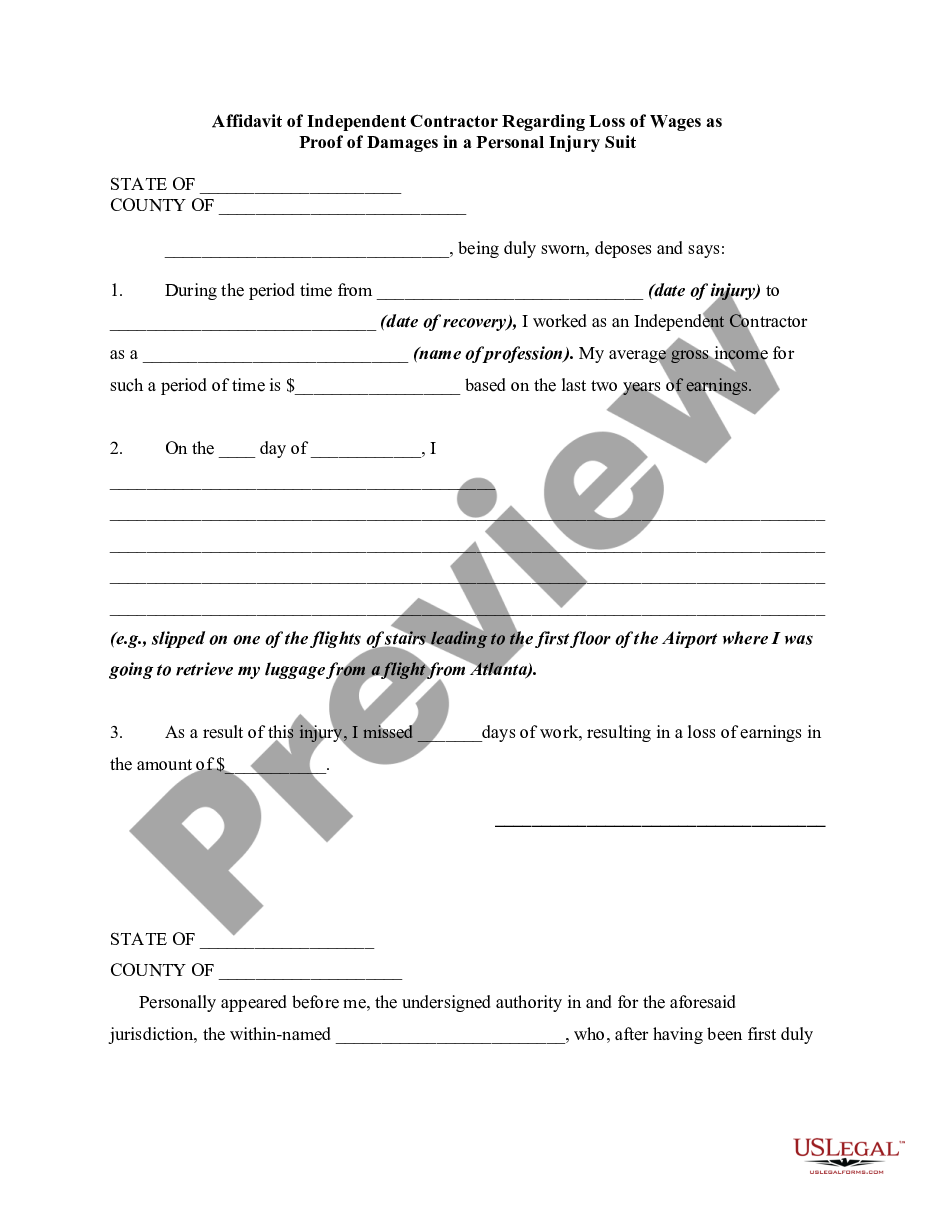 page 0 Affidavit of Self-Employed Independent Contractor regarding Loss of Wages as Proof of Damages in Personal Injury Suit preview