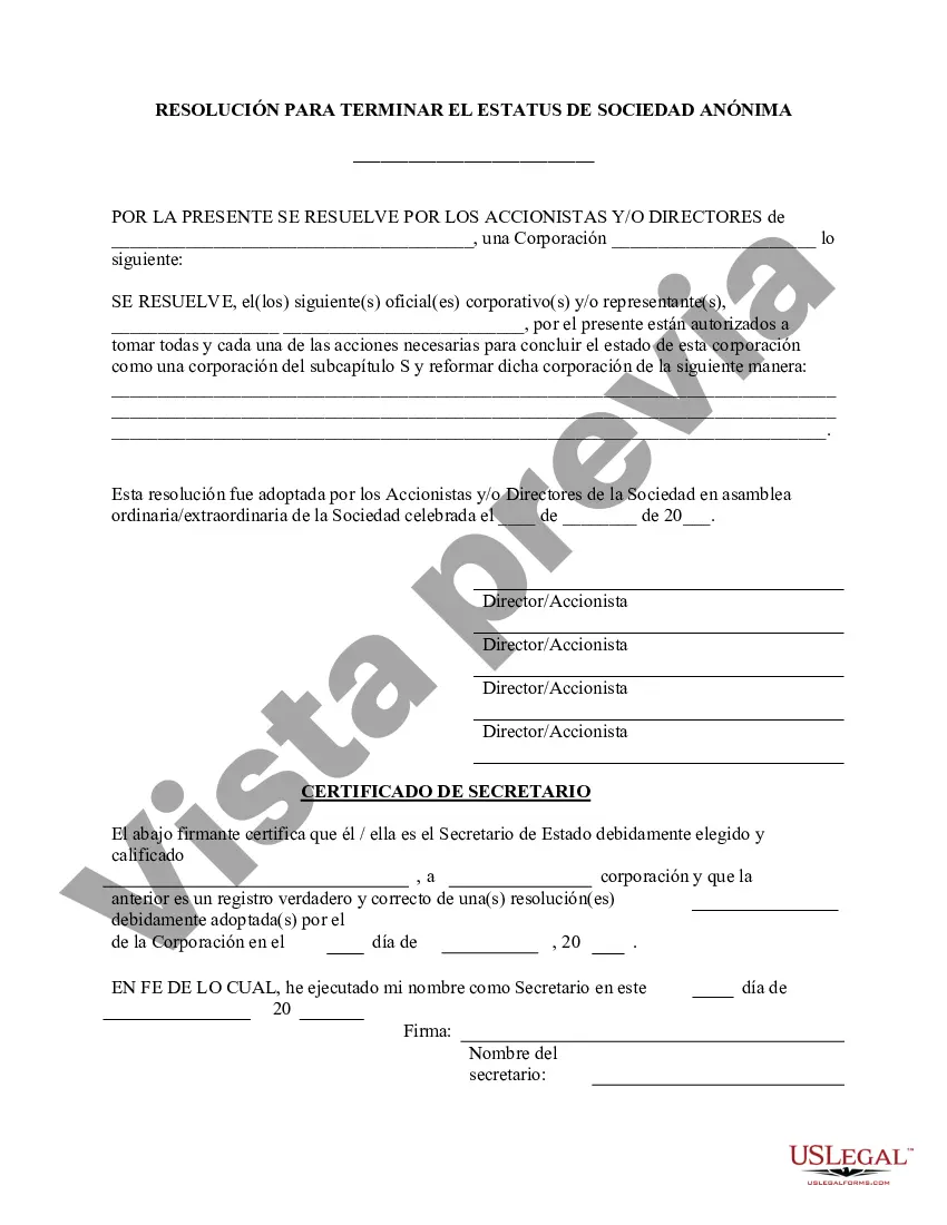 Preview Terminar el estado de la corporación S - Formulario de resolución - Resoluciones corporativas