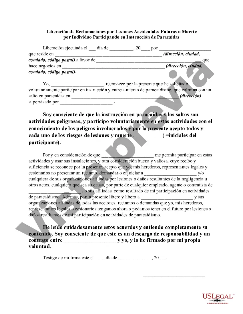 Preview Liberación de reclamos por lesiones personales accidentales futuras o muerte por parte de una persona que participa en la instrucción de paracaídas