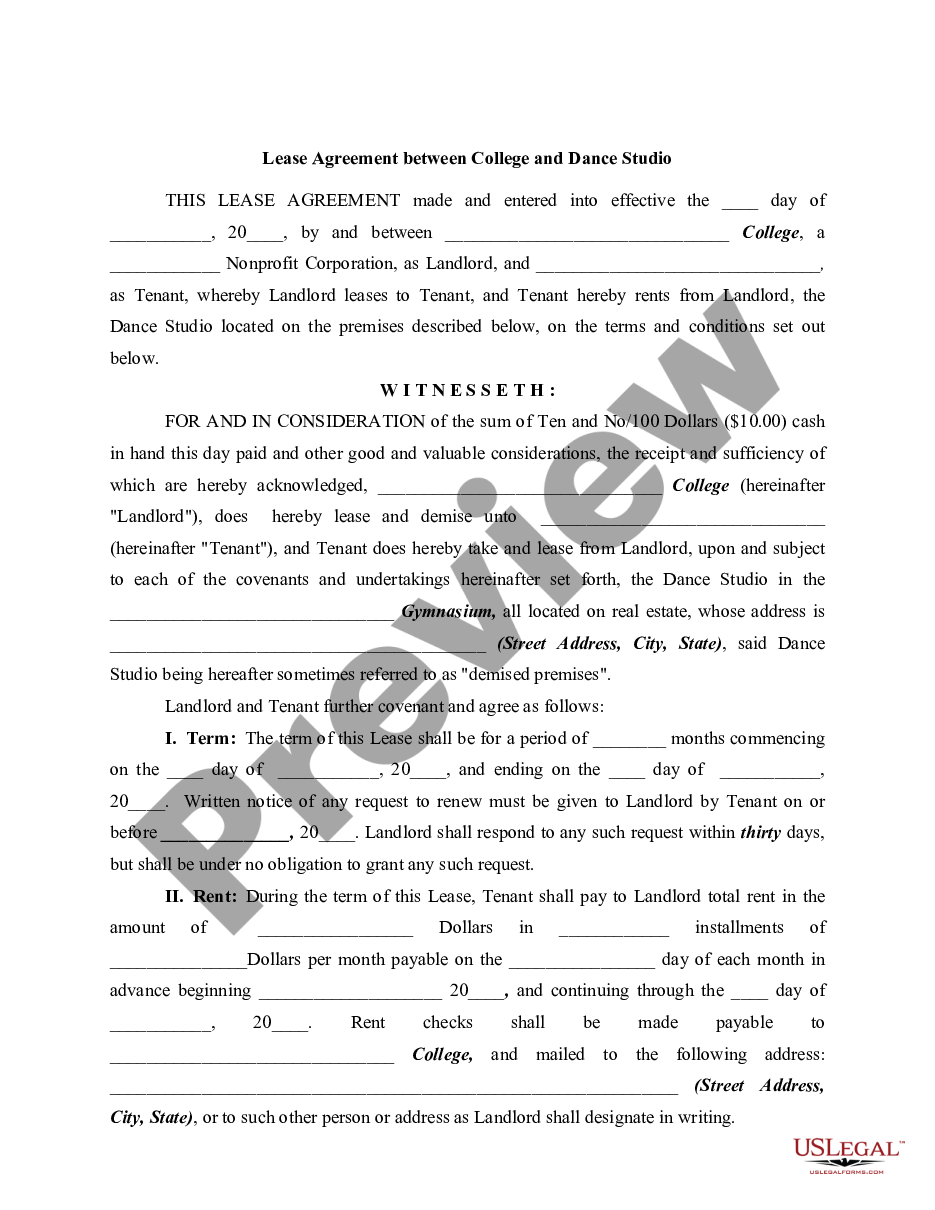 page 0 Lease Agreement between College and Dance Studio - Real Estate Rental preview