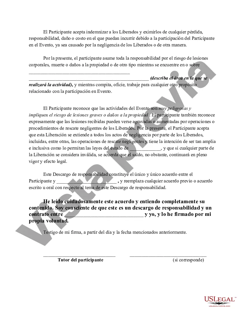 Preview Liberación, renuncia de responsabilidad y lesiones personales, asunción de riesgo y acuerdo de indemnización con respecto a la carrera o evento que involucre vehículos todo terreno, motocicletas,