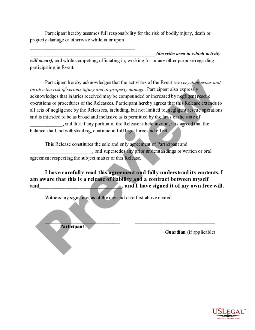 Get Release, Waiver of Liability and Personal Injury, Assumption of Risk, and Indemnity Agreement regarding Race or Event Involving ATV, Motorcycle, Preview Release, Waiver of Liability and Personal Injury, Assumption of Risk, and Indemnity Agreement regarding Race or Event Involving ATV, Motorcycle,