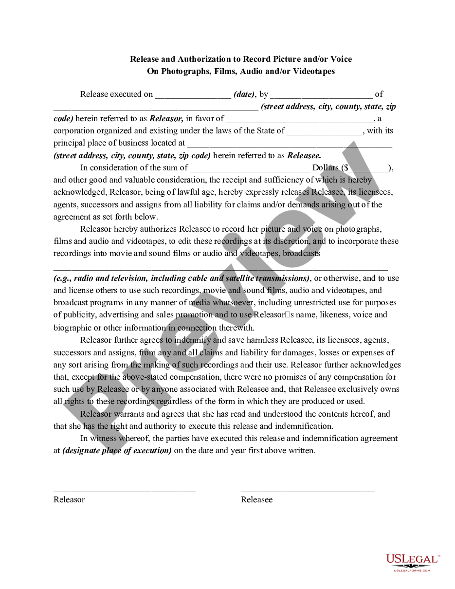 form Release and Authorization to Record Picture and / or Voice On Photographs, Films, Audio and / or Videotapes preview