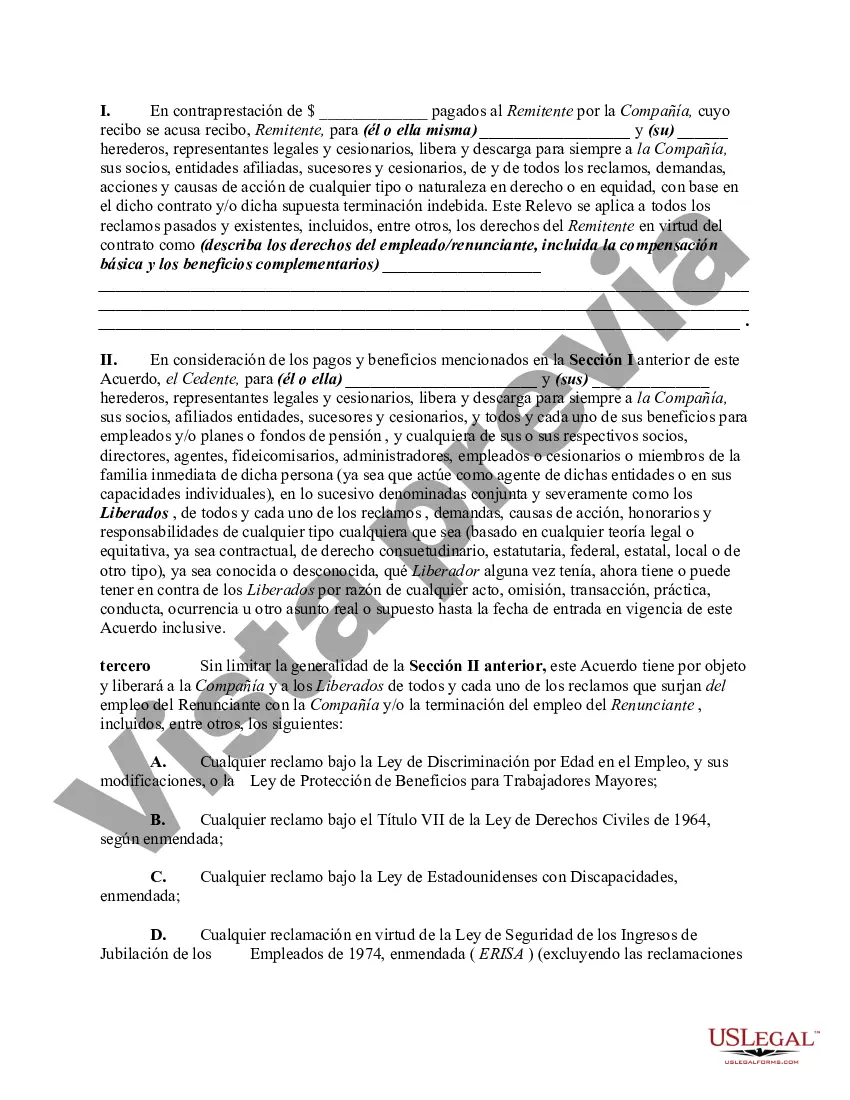 Preview Liberación por parte del empleado de las reclamaciones contra el empleador relacionadas con la terminación del empleo, incluida la liberación de beneficios para empleados y planes y fondos de pensiones