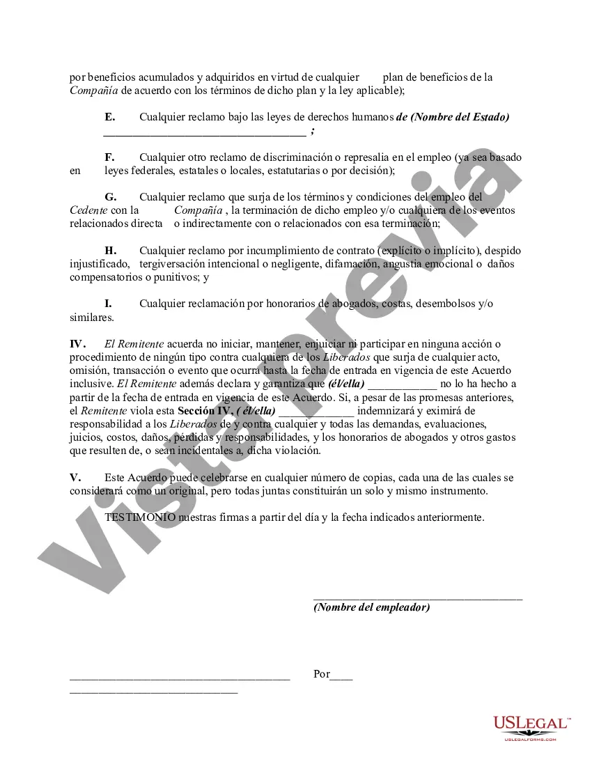 Preview Liberación por parte del empleado de las reclamaciones contra el empleador relacionadas con la terminación del empleo, incluida la liberación de beneficios para empleados y planes y fondos de pensiones