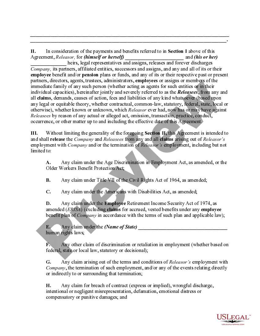 Preview Release by Employee of Claims against Employer related to Terminated Employment Including the Release of Employee Benefit and Pension Plans and Funds