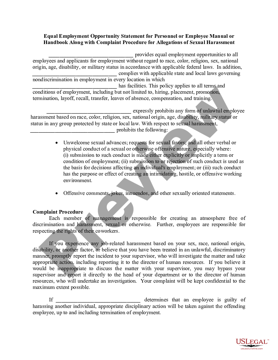 page 0 Equal Employment Opportunity Statement for Personnel or Employee Manual or Handbook Along with Complaint Procedure for Allegations of Sexual Harassment - EEOC preview
