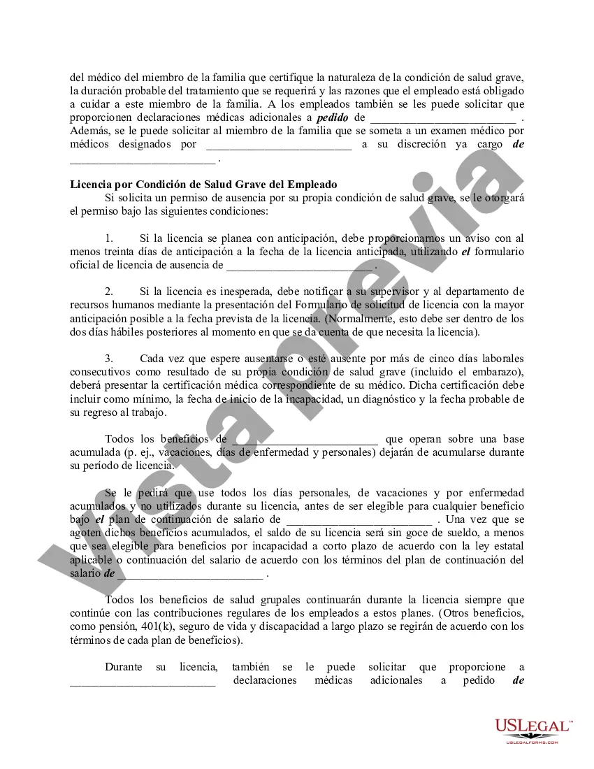 Preview Disposiciones sobre permisos de ausencia familiares y médicos para el personal o el manual o el manual del empleado