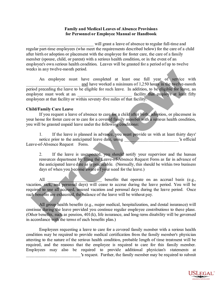 page 0 Family and Medical Leaves of Absence Provisions for Personnel or Employee Manual or Handbook preview