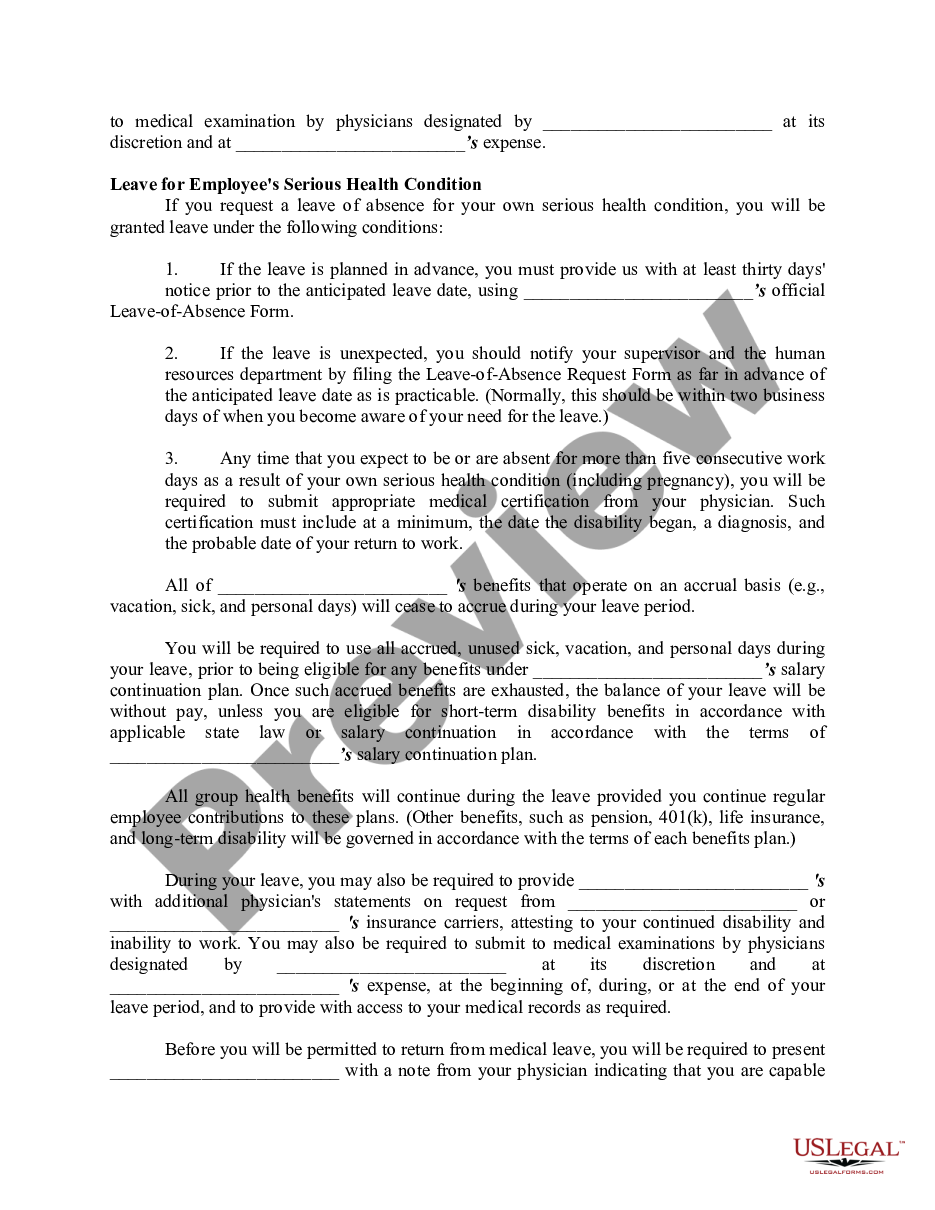 page 1 Family and Medical Leaves of Absence Provisions for Personnel or Employee Manual or Handbook preview