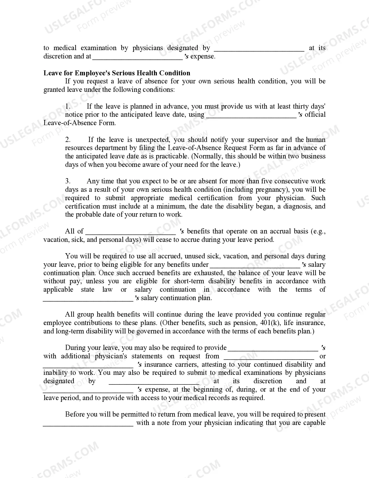 Preview Family and Medical Leaves of Absence Provisions for Personnel or Employee Manual or Handbook