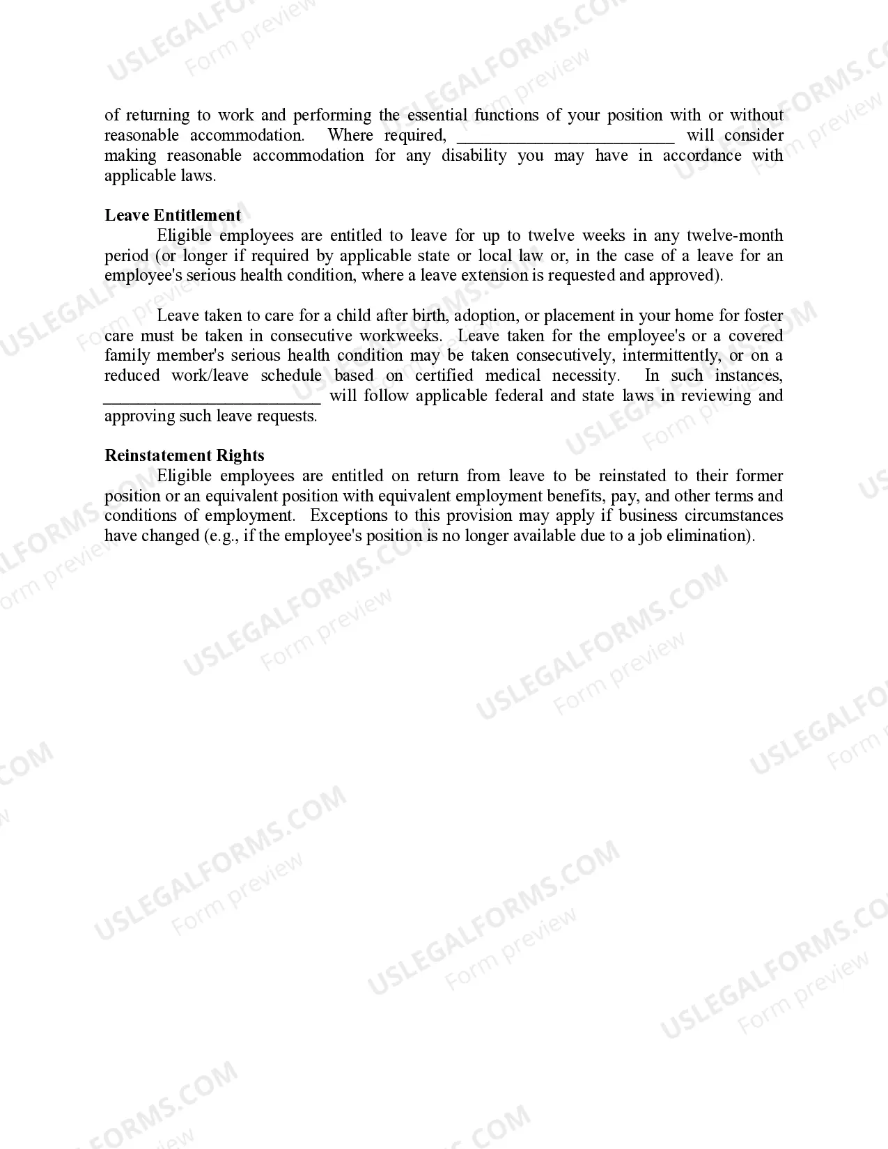 Preview Family and Medical Leaves of Absence Provisions for Personnel or Employee Manual or Handbook