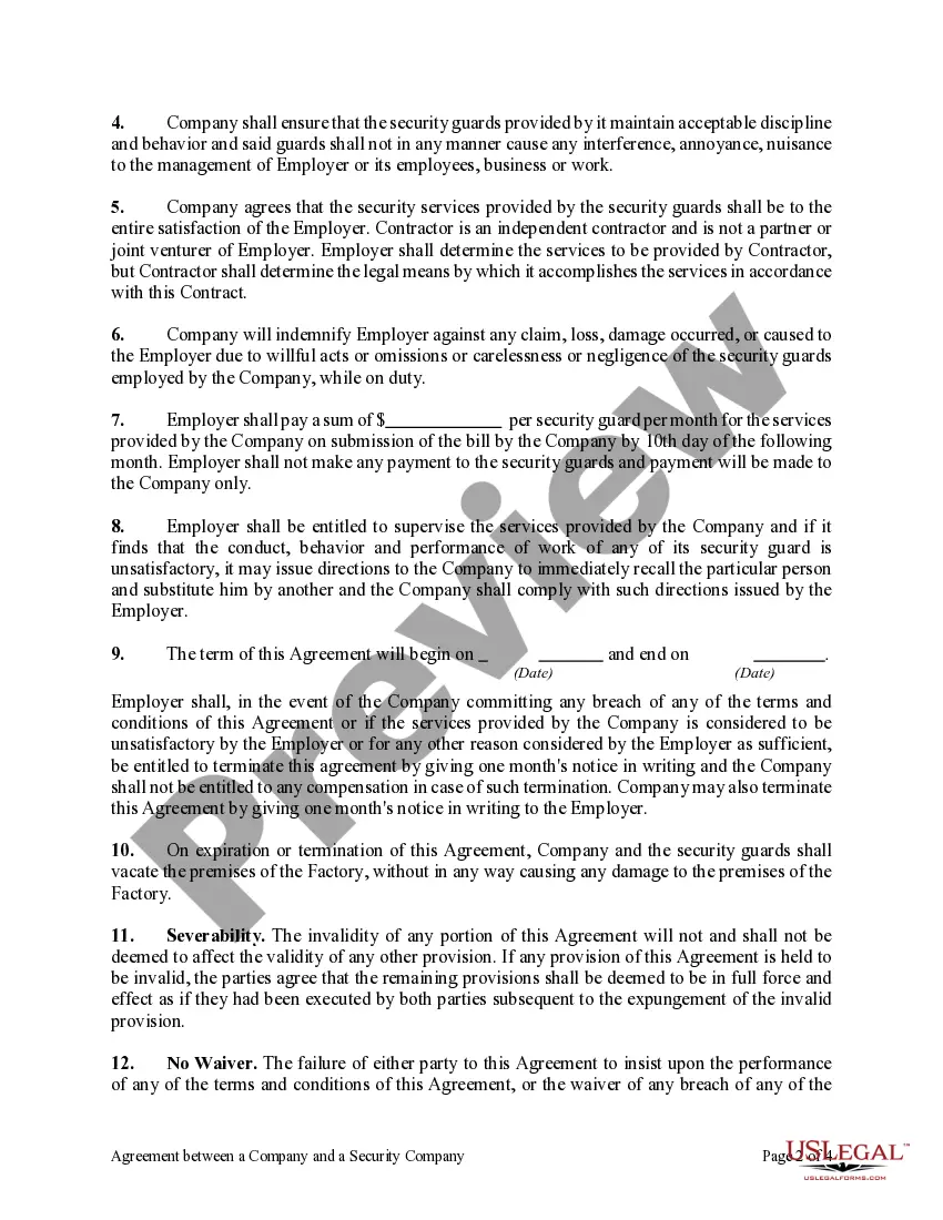 Get Agreement between a Company and a Security Company for Providing Security Services to the Property of the Employer Preview Agreement between a Company and a Security Company for Providing Security Services to the Property of the Employer