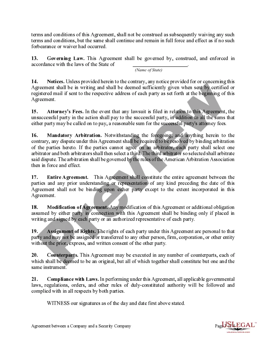 Get Agreement between a Company and a Security Company for Providing Security Services to the Property of the Employer Preview Agreement between a Company and a Security Company for Providing Security Services to the Property of the Employer