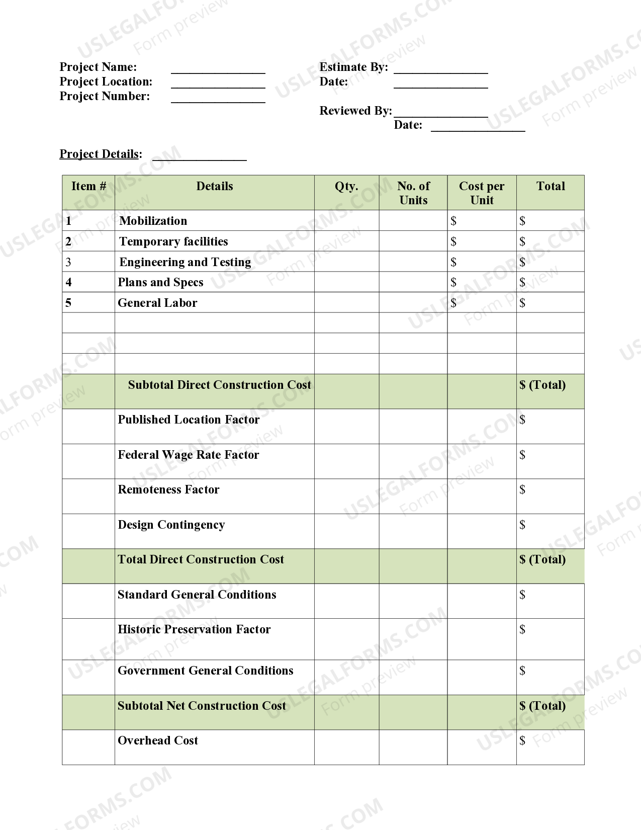 Construction Cost Estimate 1 | US Legal Forms
