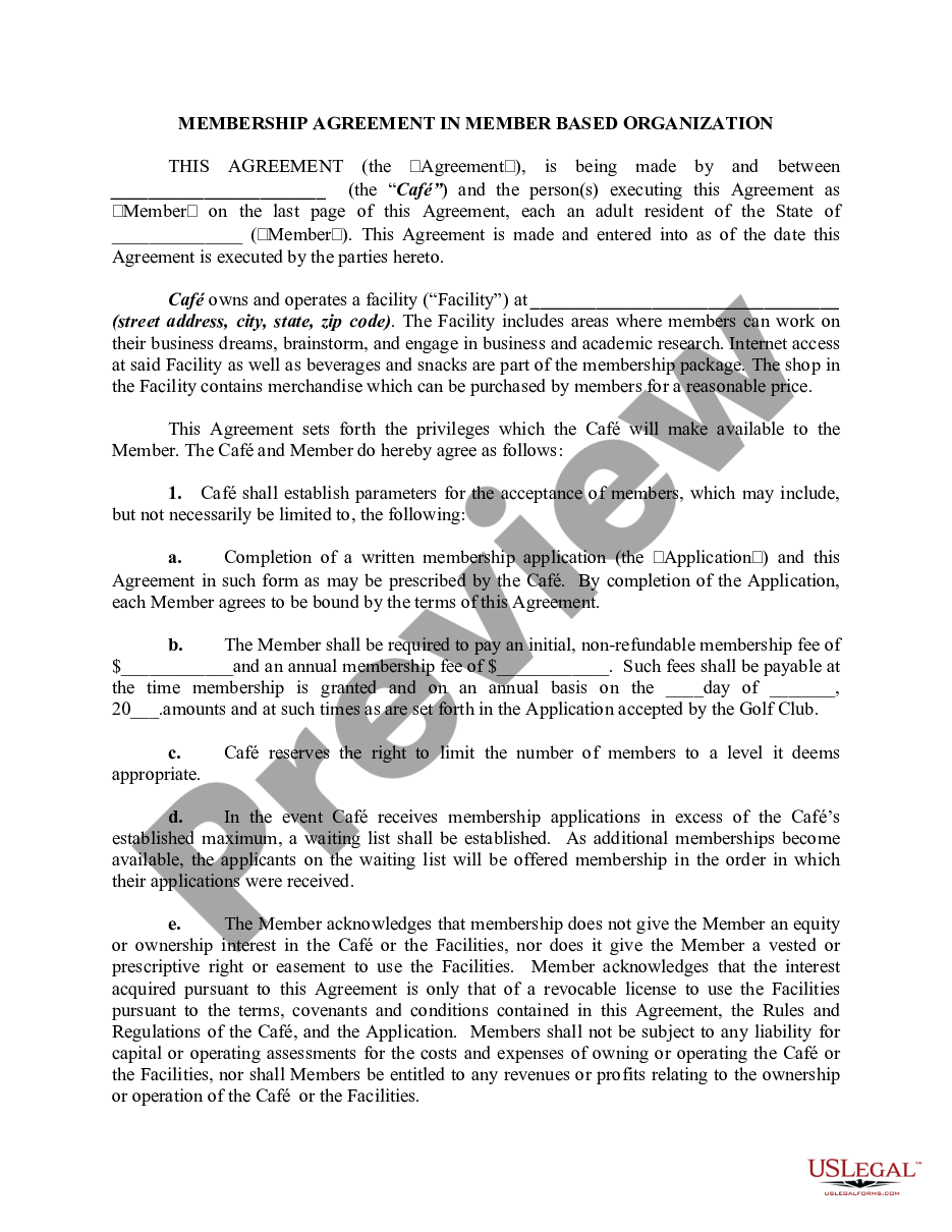 page 0 Membership Agreement in Member Based Organization preview