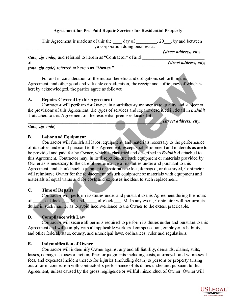 page 0 Agreement for Prepaid Repair Services for Residential Property preview