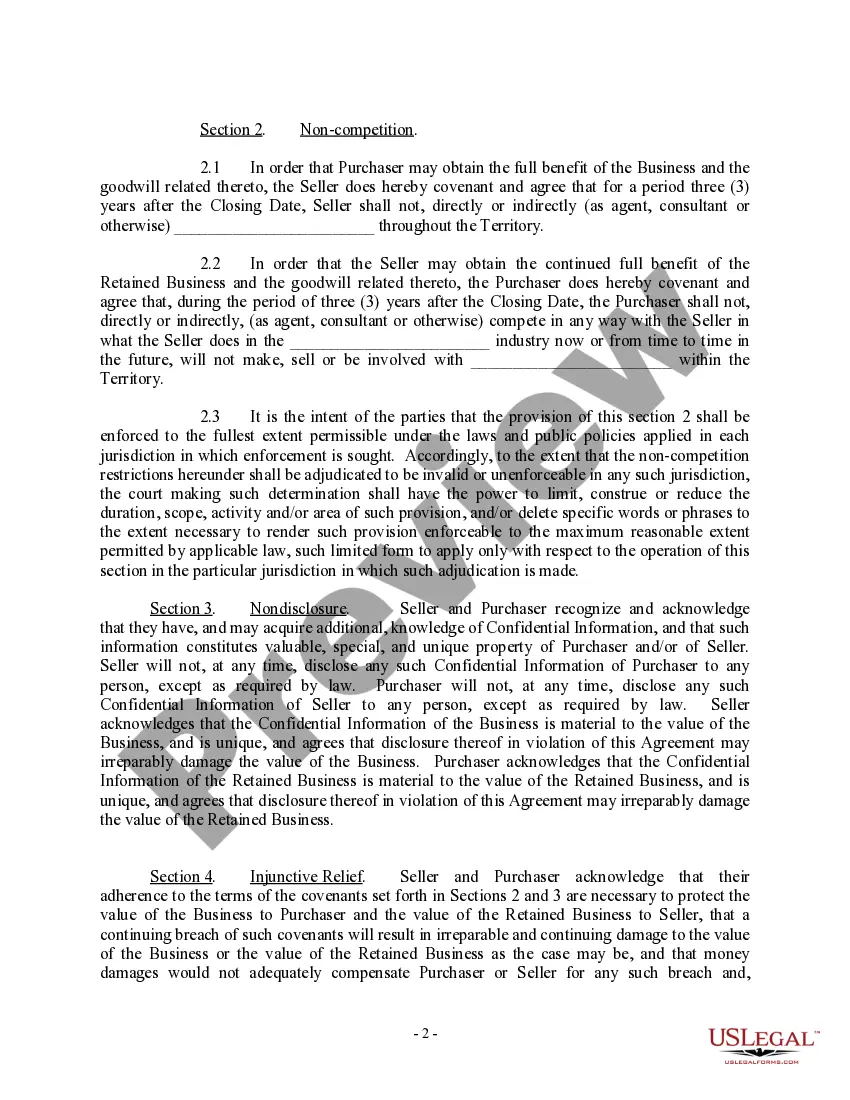 Preview Non-Compete Agreement for Business Sale