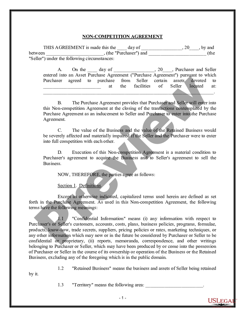 page 0 Noncompetition Agreement between Buyer and Seller of Business preview