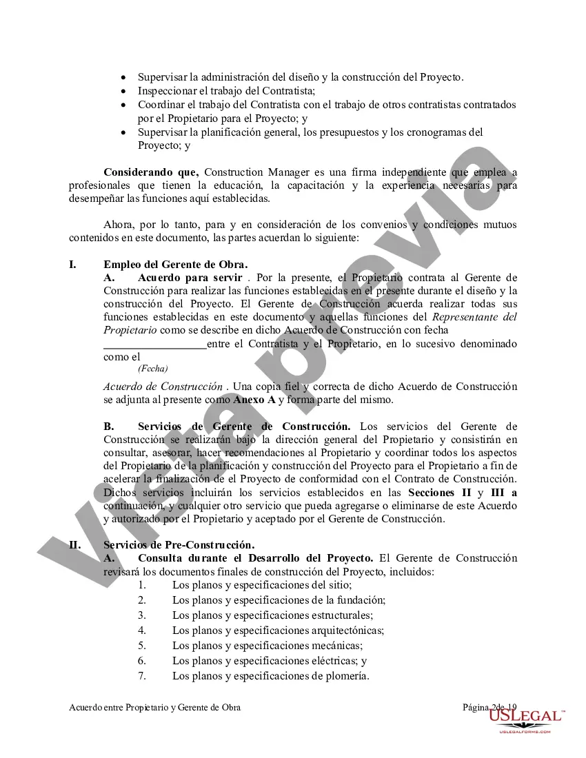 Preview Acuerdo entre Propietario y Gerente de Construcción para Servicios de Supervisión de un Proyecto de Construcción