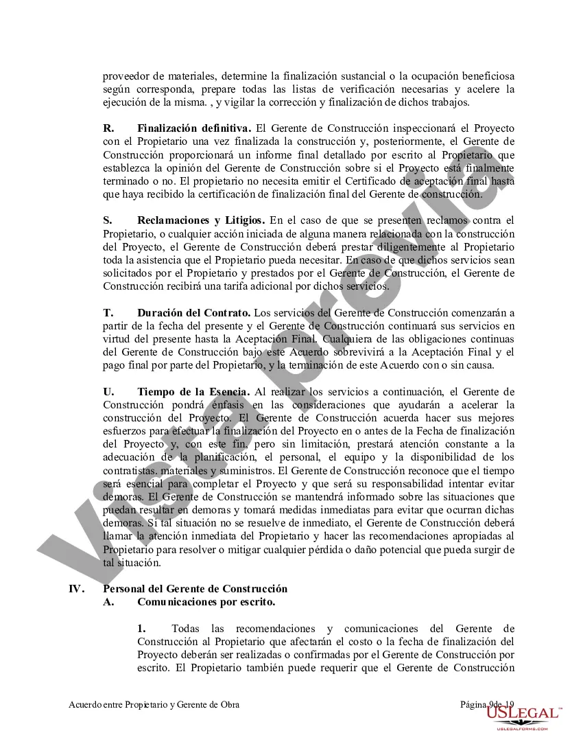 Preview Acuerdo entre Propietario y Gerente de Construcción para Servicios de Supervisión de un Proyecto de Construcción