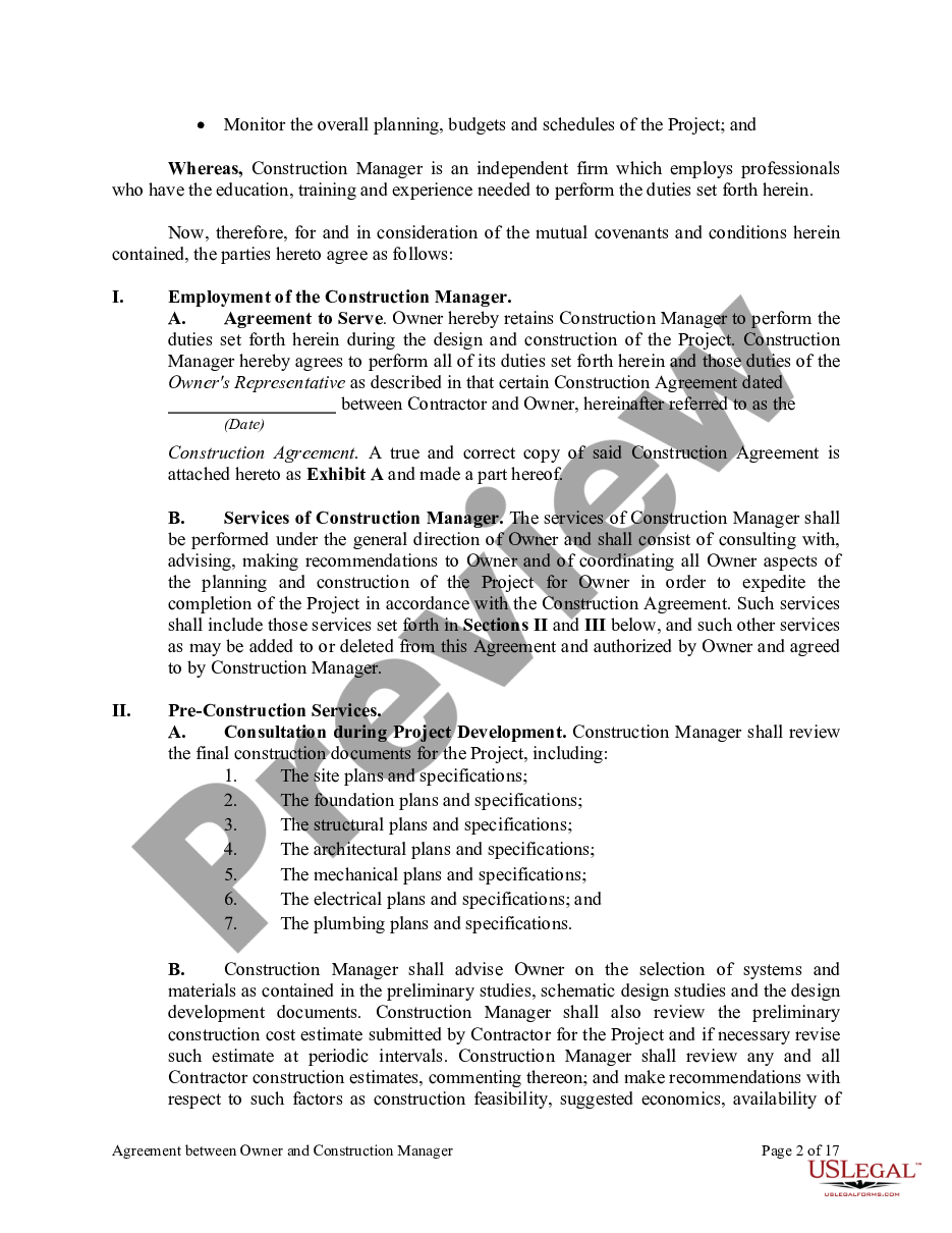 page 1 Agreement between Owner and Construction Manager for Services in Overseeing a Construction Project preview