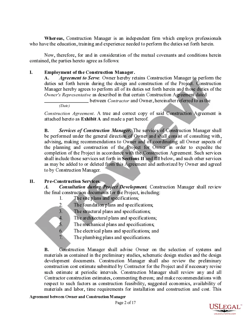 Get Agreement between Owner and Construction Manager for Services in Overseeing a Construction Project Preview Agreement between Owner and Construction Manager for Services in Overseeing a Construction Project
