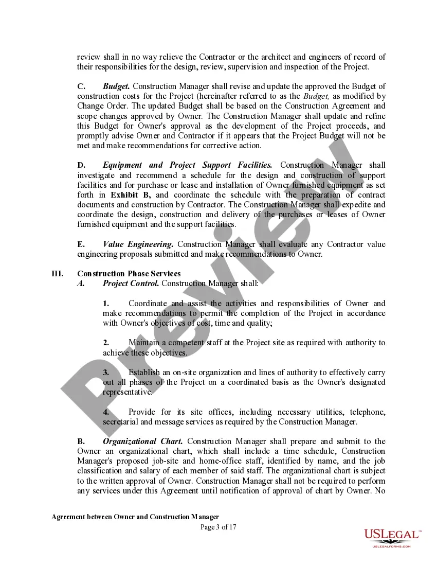 Get Agreement between Owner and Construction Manager for Services in Overseeing a Construction Project Preview Agreement between Owner and Construction Manager for Services in Overseeing a Construction Project