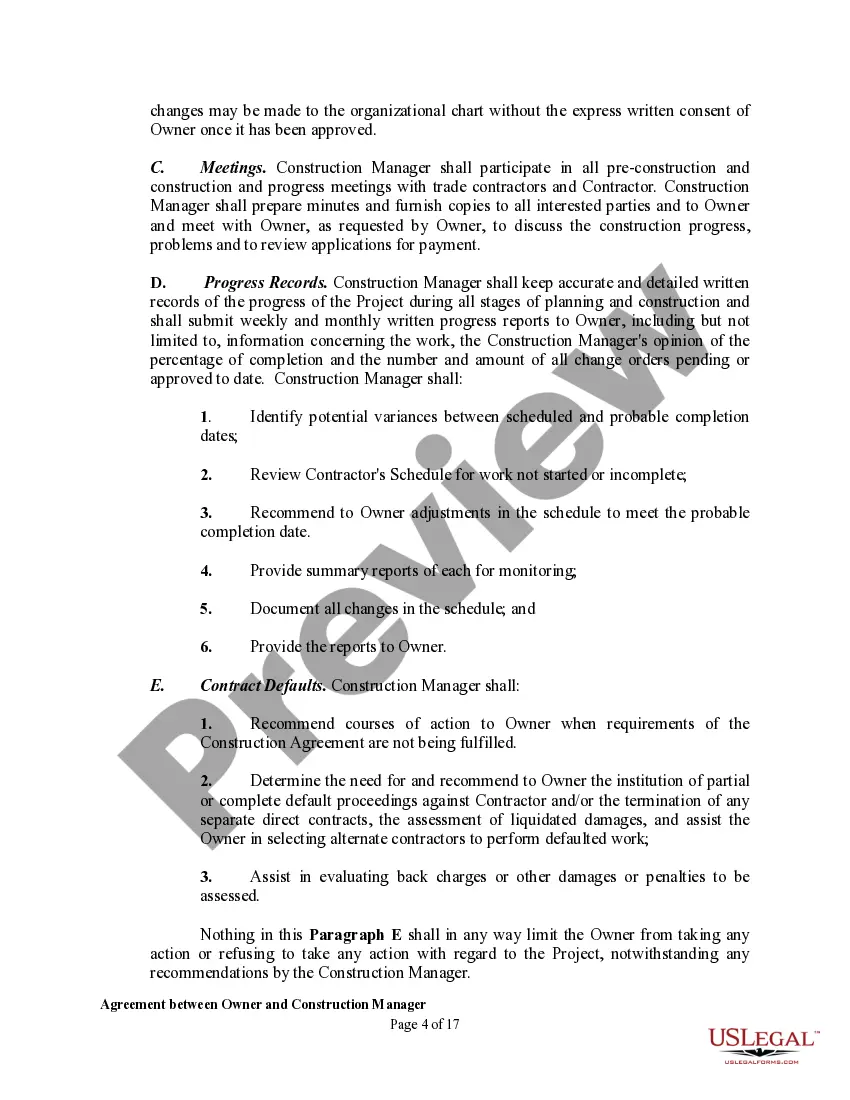 Get Agreement between Owner and Construction Manager for Services in Overseeing a Construction Project Preview Agreement between Owner and Construction Manager for Services in Overseeing a Construction Project