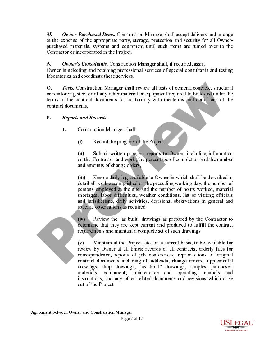 Get Agreement between Owner and Construction Manager for Services in Overseeing a Construction Project Preview Agreement between Owner and Construction Manager for Services in Overseeing a Construction Project